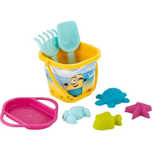 Песочный набор Миньоны ведерко ситечко совочек грабельки 4 формы микс 480₽