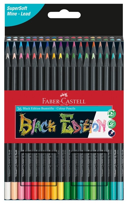 Карандаши цветные Faber-castell "Black Edition", 36цв, трехгран, черное дерево, заточен, картон.