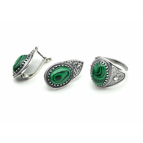 Комплект бижутерии: серьги, кольцо, малахит синтетический, размер кольца 18, зеленый кольцо радуга камня бижутерный сплав турмалин малахит кианит размер 18 мультиколор