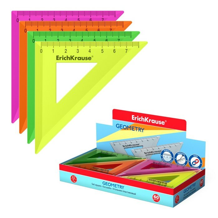 Треугольник 45*/ 7 см ErichKrause Neon Solid пластик микс из 4 цветов в коробке-дисплее