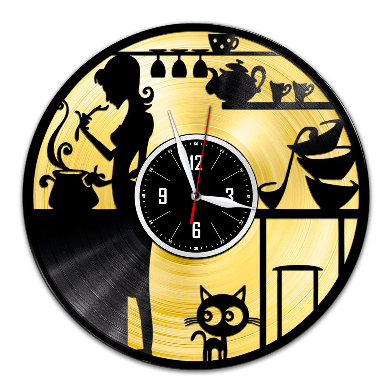 Кухня - настенные часы из виниловой пластинки (с золотой подложкой)