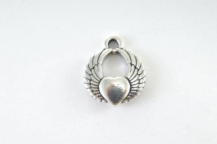 Подвеска TierraCast Сердце с крыльями 18х15мм, отверстие 2мм, цвет античное серебро, 94-2305-12, 1шт