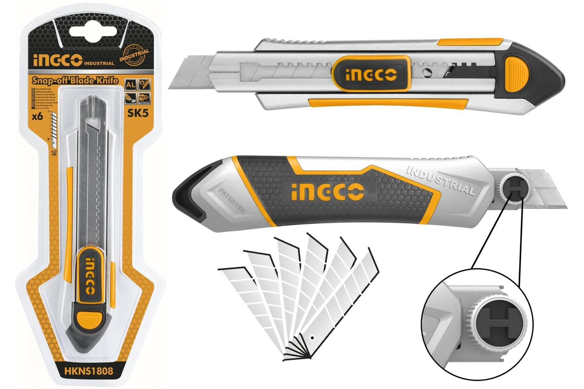 Канцелярский нож INGCO 190х100х18 мм В ком. 5 лезвий INDUSTRIAL HKNS1808