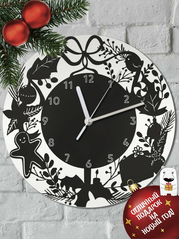 Настенные деревянные бесшумные часы Новый год Венок (печенье, птичка, украшения) - 6115