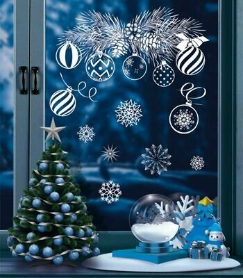 Новогодние наклейки на окна и стены "Новогодние игрушки на еловой ветке" для декора на новый год двусторонние размер листа 237х33 см