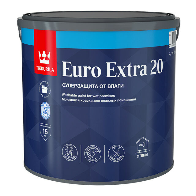 Краска акриловая tikkurila euro extra 20 база а для стен и потолков 2,7л белая, арт.700001106