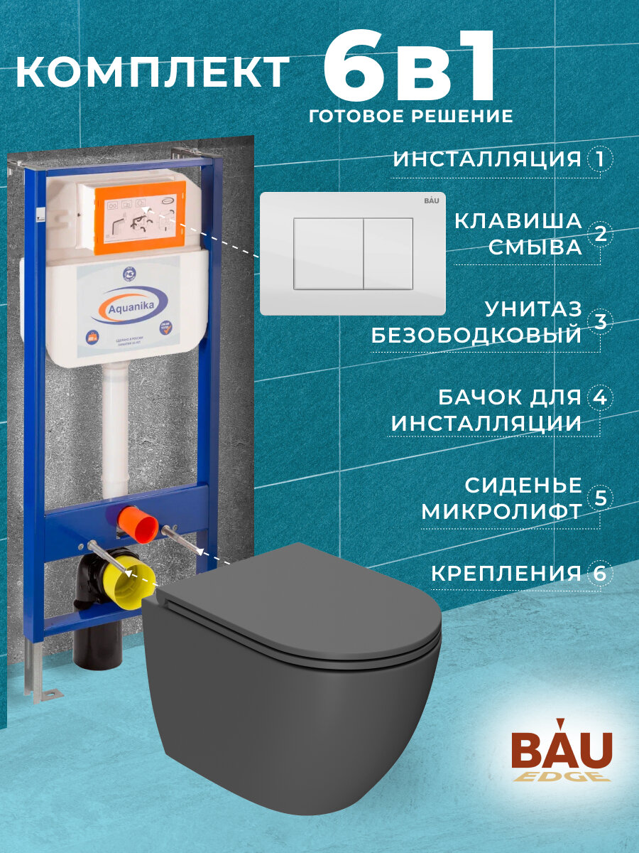фото Комплект BAU 6 в 1: инсталляция BAU Aquanika, унитаз подвесной безободковый Bau Dream 49,5х36, сиденье дюропласт микролифт, темно-серый матовый, клавиша BAU Stil, белый глянец