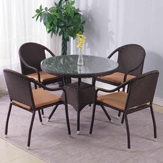 фото Комплект садовой мебели для дачи Майорка-4 из искусственного ротанга, шоколадный. Обеденная группа на 4 персоны