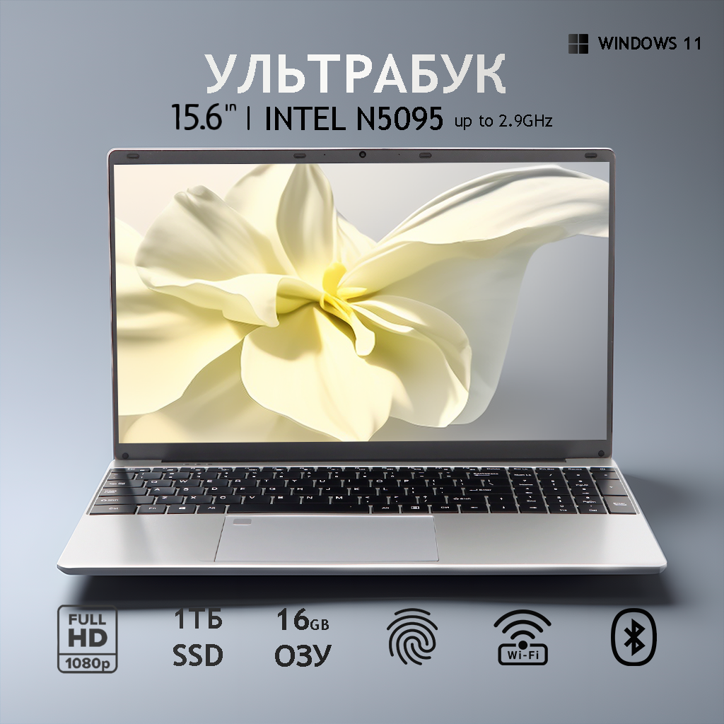 Ноутбук 15.6", Intel Celeron N5095 (2.9 ГГц), RAM 16 ГБ, SSD 1ТБ, Intel UHD Graphics, Windows 11 Pro, Серый, Русская раскладка