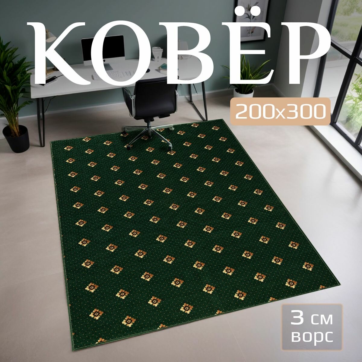 Прикроватный комнатный ковер 200х300 с ворсом на пол кухни