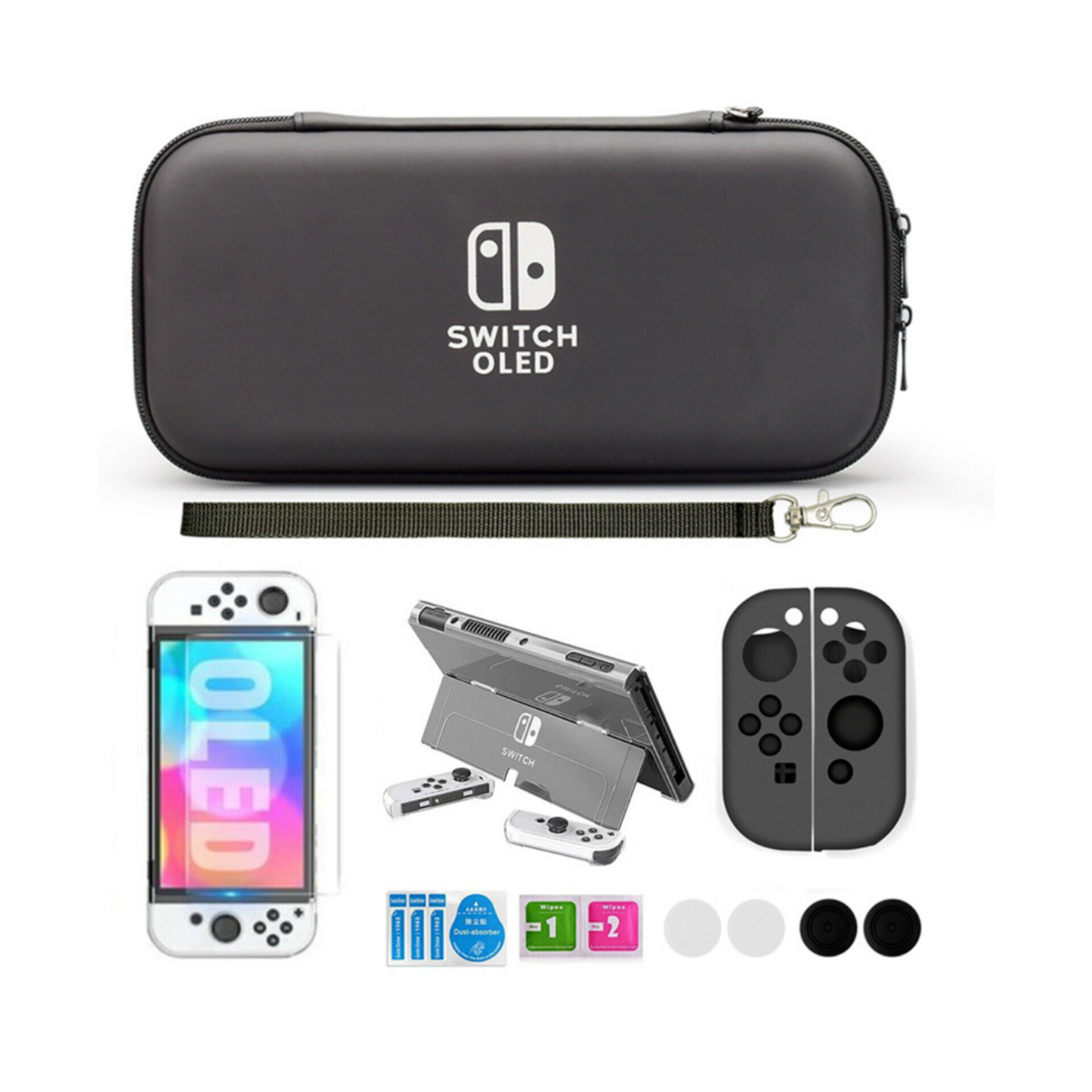 Защитный кейс противоударный черный + чехол для Nintendo Switch OLED + накладки на стики + защитное стекло
