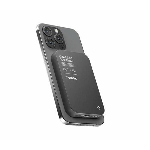 Внешний магнитный аккумулятор с беспроводной зарядкой Momax QMAG X1 Ultra Slim 13 mm 10000 mAh Qi 15W PD20W Матовый Черный 9450₽