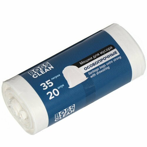 Пакеты для мусора 35 л, 20 шт, 18 мкм, особопрочные, Bossclean, 16584, белые