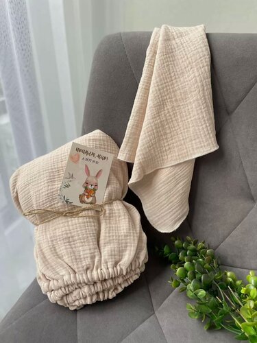 Изображение товара Муслиновая простынь овальная на резинке, платочек в подарок