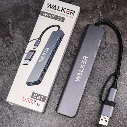 Разветвитель USB HUB 8 в 1 4 USB typec AUX Micro SD SD usb концентратор для macbook hub с внешним питанием серый 2838₽