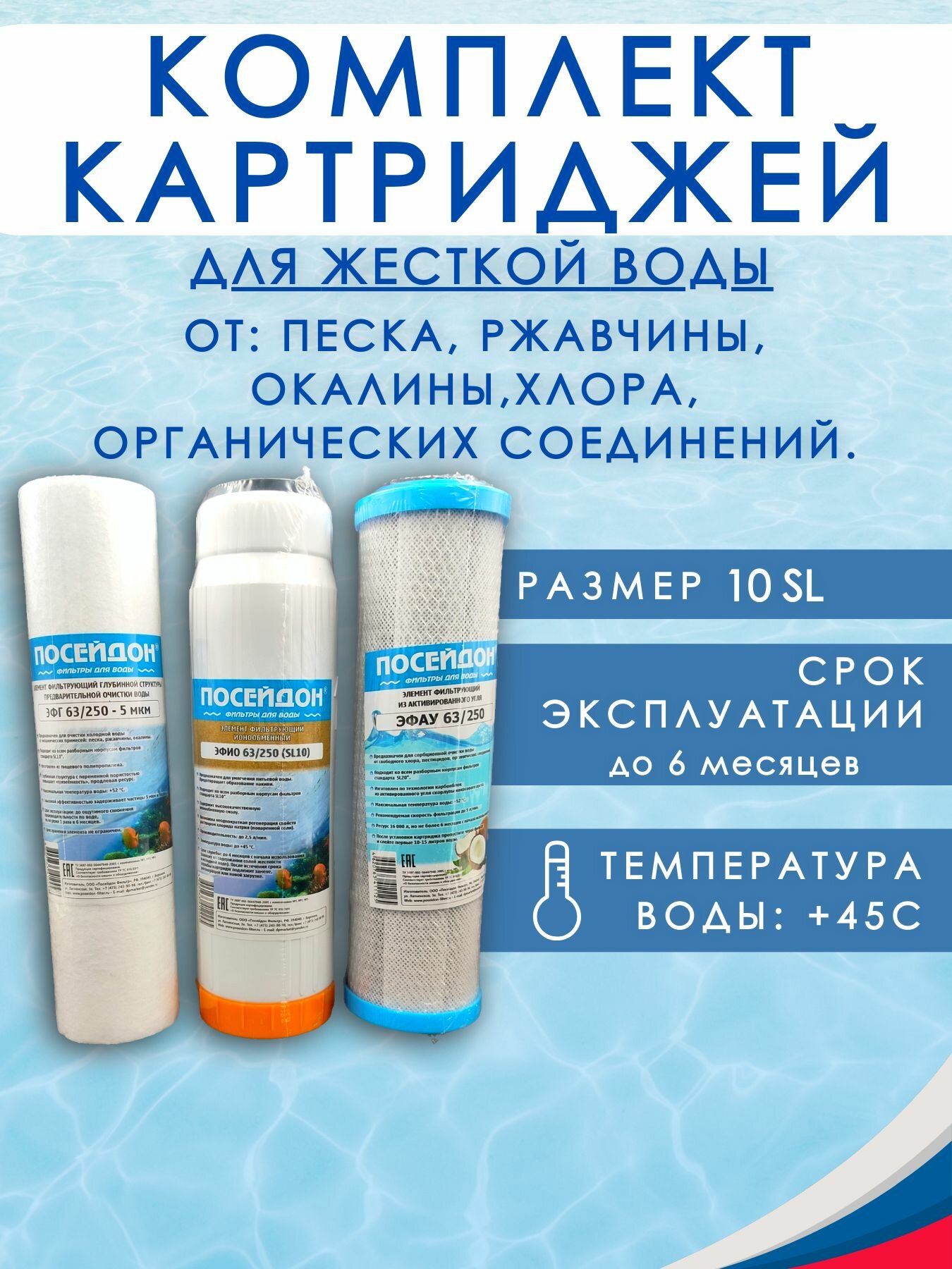 Комплект картриджей для жёсткой воды ПОСЕЙДОН SL10, подходит для фильтров Посейдон, Аквафор, Барьер, Гейзер и другие