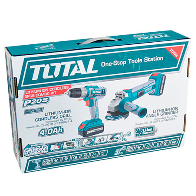 Набор электроинструментов TOTAL TCKLI2009, угловая шлифовальная машина, дрель, 2 аккумулятора — фото 1