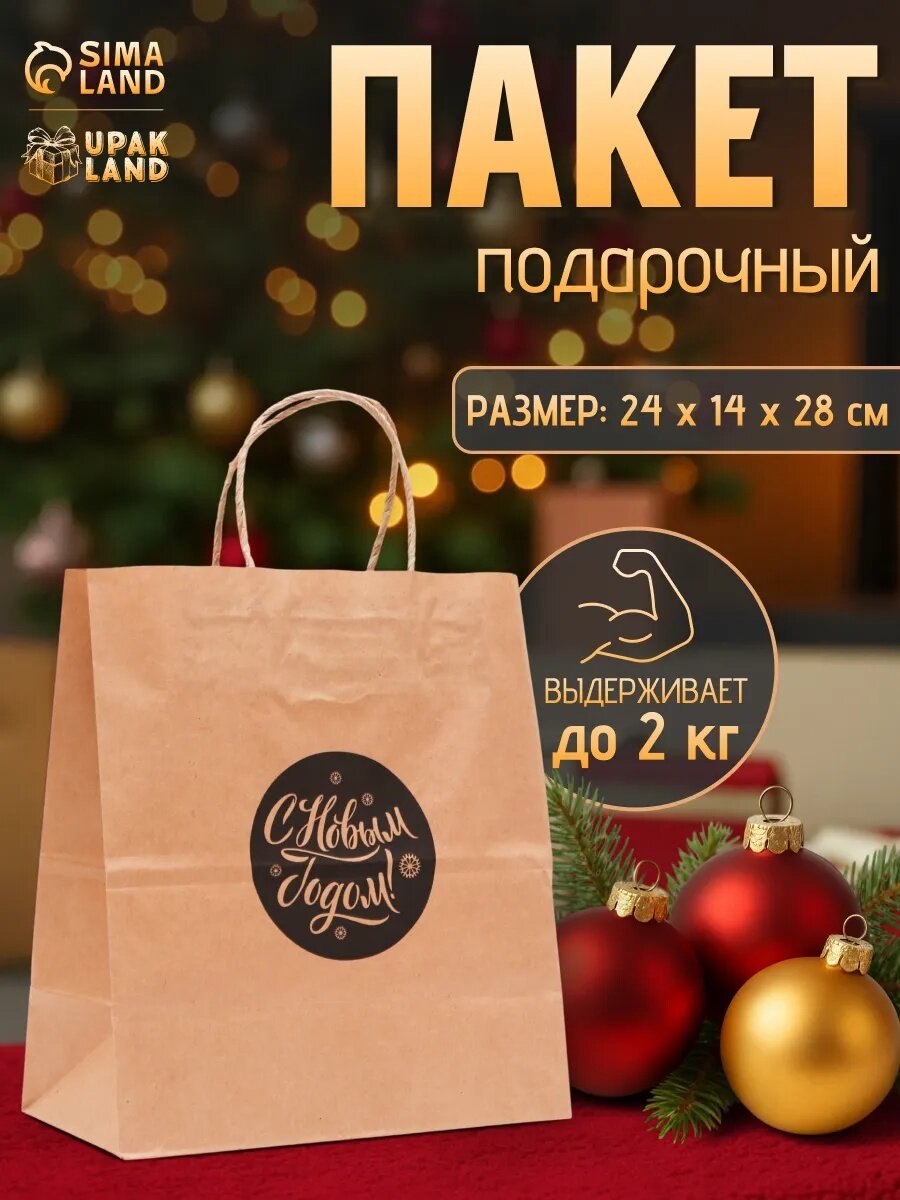 Пакет бумажный подарочный новогодний крафт «Новогодний шар» чёрный 22×12×25 см