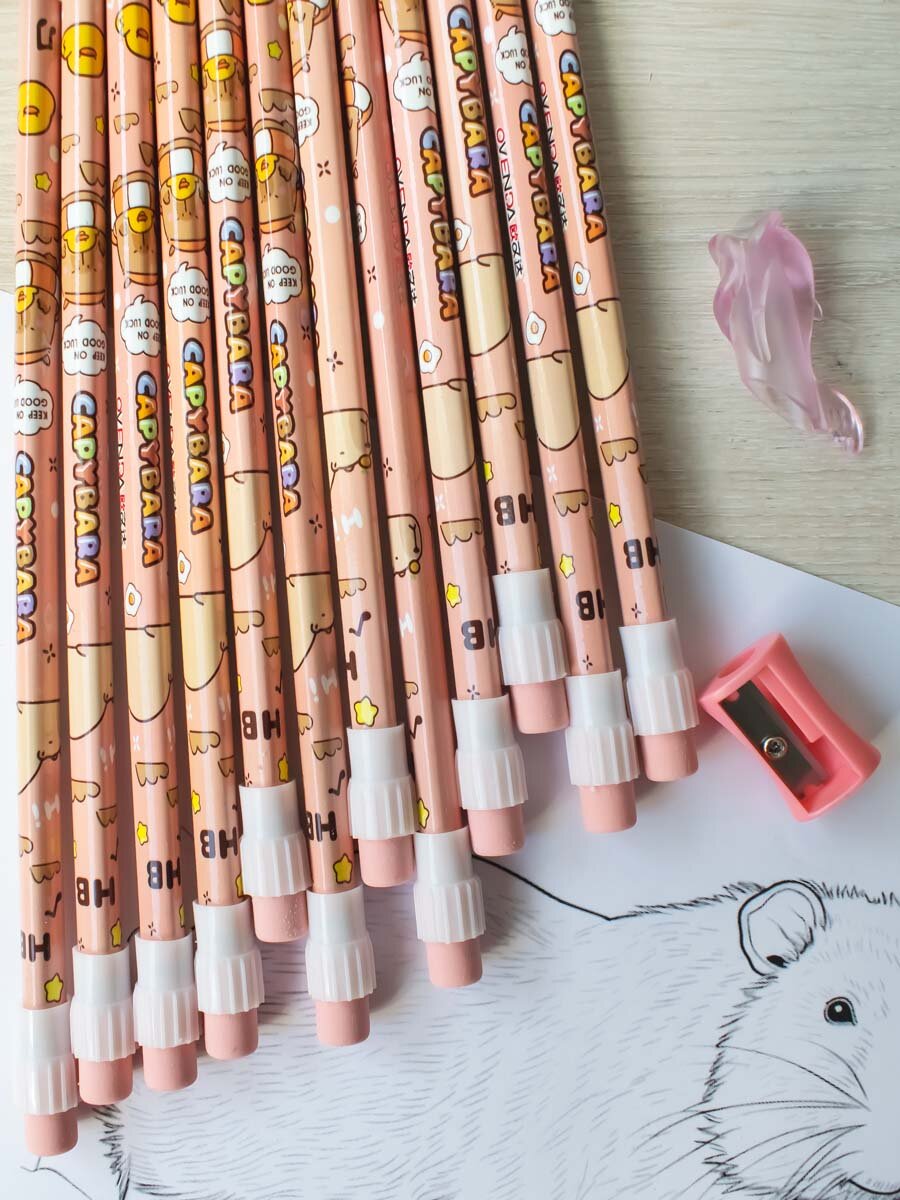 Карандаши простые чернографитные для школы ТМ/HB с ластиками и точилкой набор 12 штук незаточенные — фото 1