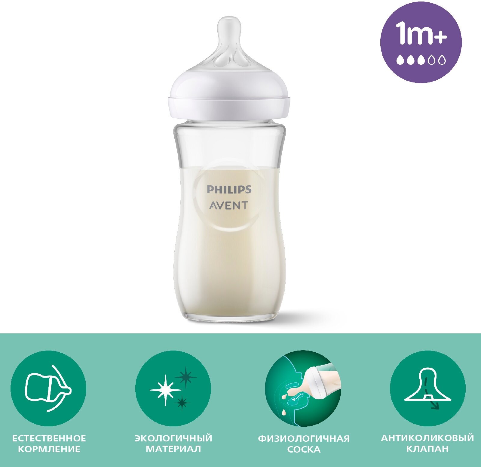 Бутылочка для кормления стеклянная с 1+ мес. Natural Response Philips Avent 240мл (SCY933/01)