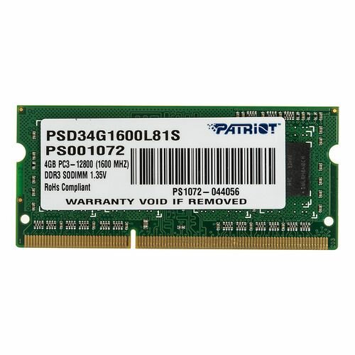 Оперативная память Patriot PSD34G1600L81S DDR3L - 1x 4ГБ 1600МГц, для ноутбуков (SO-DIMM), Ret