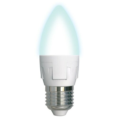 фото Светодиодная лампа uniel led-c37 7w/nw/e27/fr plp01wh форма «свеча», матовая. серия яркая. белый свет (4000k). картон. тм
