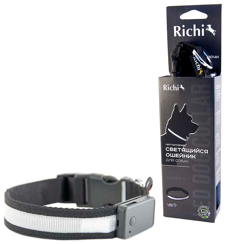 2034 Ошейник RICHI USB 45-48см (L) черный со светящейся лентой, 3 режима, зарядка от USB