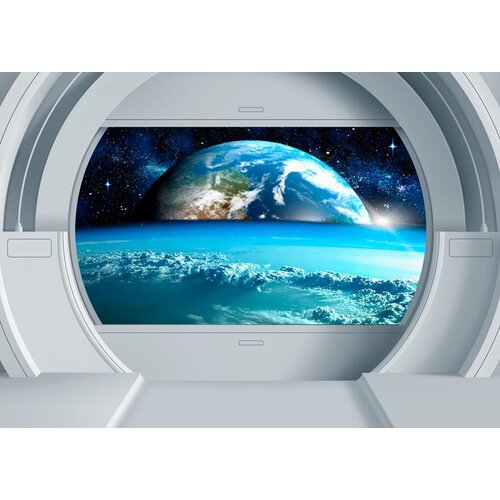 Моющиеся виниловые фотообои GrandPiK Космос. Вид на Землю через иллюминатор, 280х200 см моющиеся виниловые фотообои grandpik космос вид на землю через иллюминатор 200х290 см