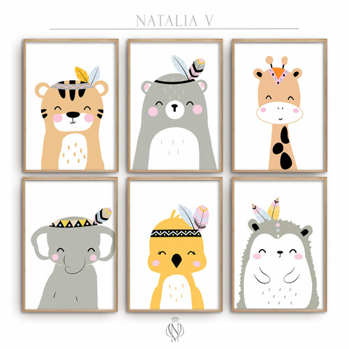 Постеры в детскую комнату - 6 шт. А3 (30х42 см) в скандинавском стиле, без рамы - Дикие Животные