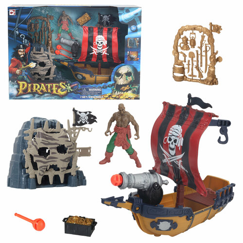 505223 Игровой набор: Пиратский грот и корабль с пушкой пистолет пиратский мушкет стреляет шариками в пакете