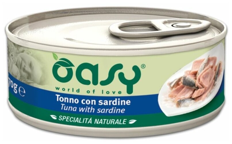 Oasy Wet Cat Specialita Naturali Tuna Sardine влажный корм для взрослых кошек, дополнительное питание с тунцом и сардинами, в консервах - 70 г х 24 шт