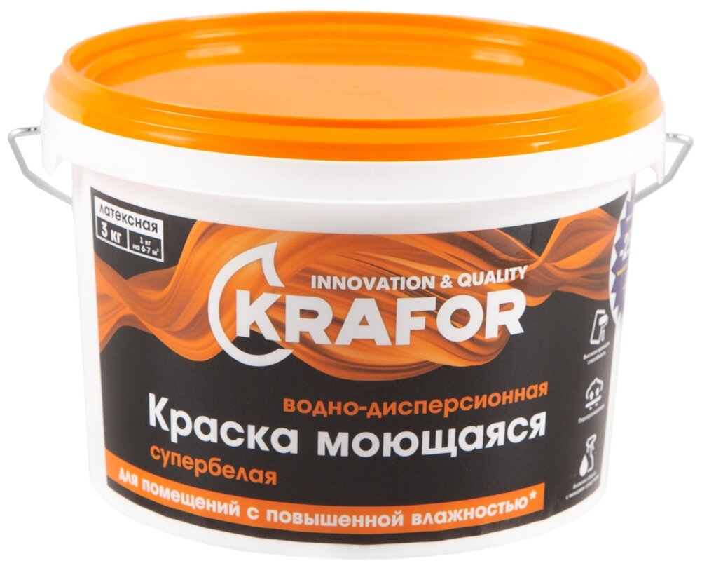 Краска водно-дисперсионная интерьерная моющаяся Krafor, латексная, 3 кг, супербелая - фотография № 1