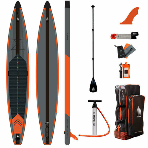 Cап борд надувной двухслойный Shark Touring Racing 14'x27 2023 (381x86x15 см) / Sup board, сапборд, доска для сап серфинга с веслом карбон