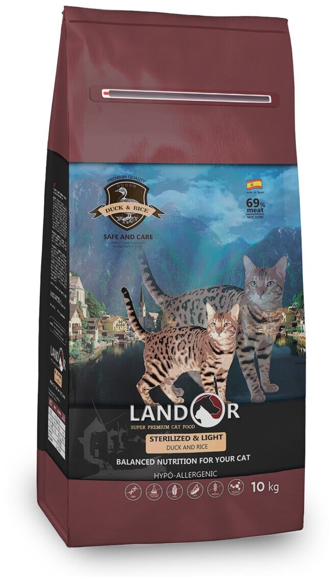 Сухой корм LANDOR для кошек с избыточным весом и стерилизованных с уткой и рисом 10кг