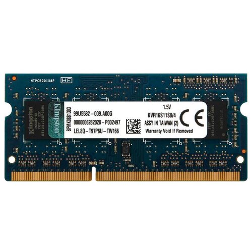 Оперативная память Kingston ValueRAM 4 ГБ DDR3 1600 МГц SODIMM CL11 KVR16S11S8/4 модуль памяти so dimm ddr 3 pc 12800 4gb patriot psd34g16002s