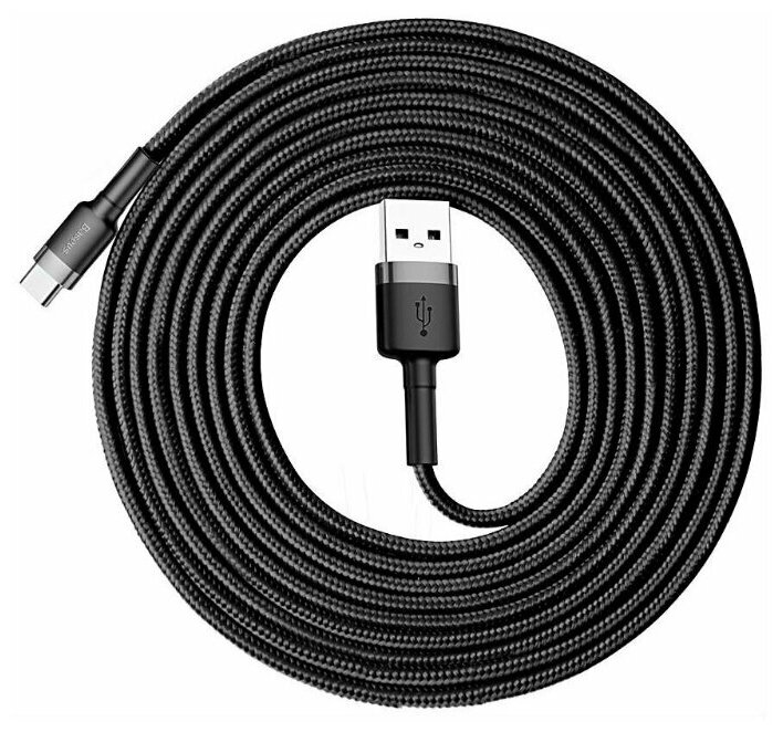 Кабель в тканевой оплетке USB - USB-C Baseus Cafule CATKLF-UG1, 3м, 2A, черный-серый - фотография № 1