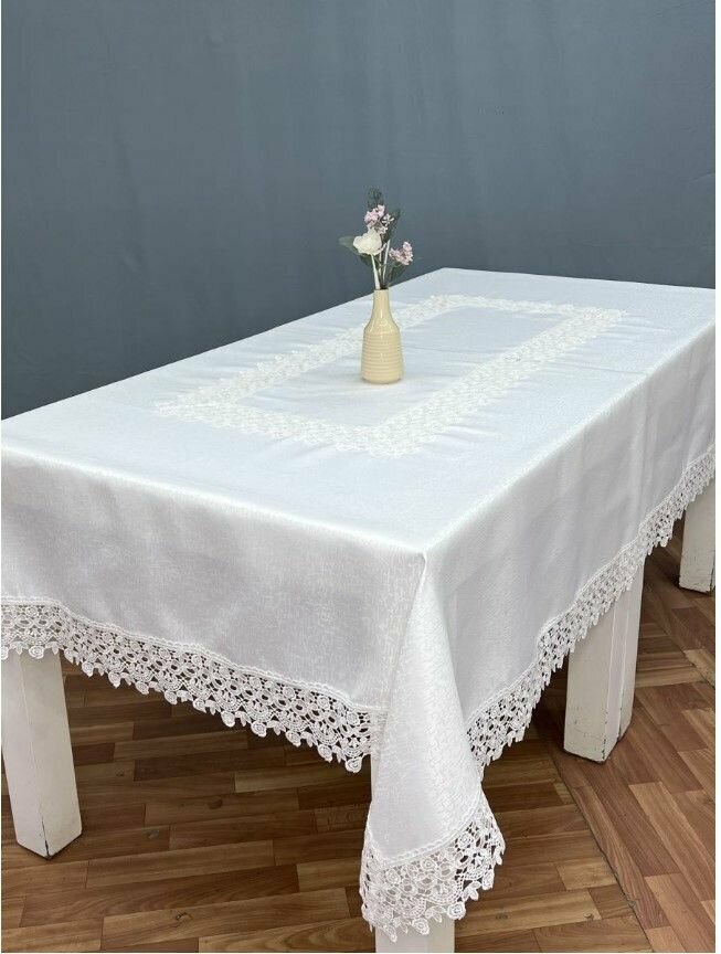 фото Скатерть на кухонный стол, на стол для кухни, прямоугольная , на кухню, кухонная, водоотталкивающая, красивые скатерти, большая, кремовая, ажурная