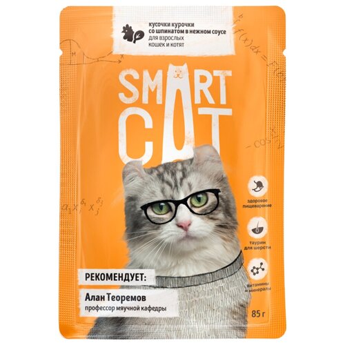 Пауч Smart Cat для взрослых кошек и котят с кусочками курочки со шпинатом в соусе 85г 38069