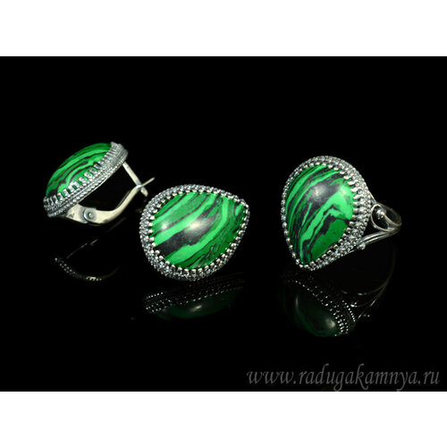 фото Комплект бижутерии: серьги, кольцо, малахит синтетический, размер кольца 18, зеленый кольцо серьги с малахитом имитация размер 18