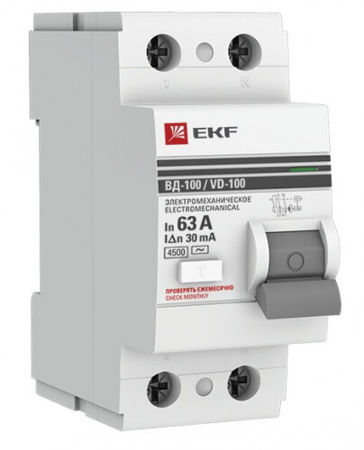 Выключатель дифференциального тока (УЗО) Ekf 2п 63А 30мА тип AC ВД-100 (электромех.) PROxima, elcb-2-63-30-em-pro