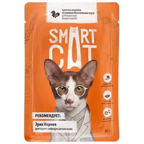 Smart Cat паучи Паучи для взрослых кошек и котят кусочки индейки со шпинатом в нежном соусе 0,085 кг 38071 (2 шт)