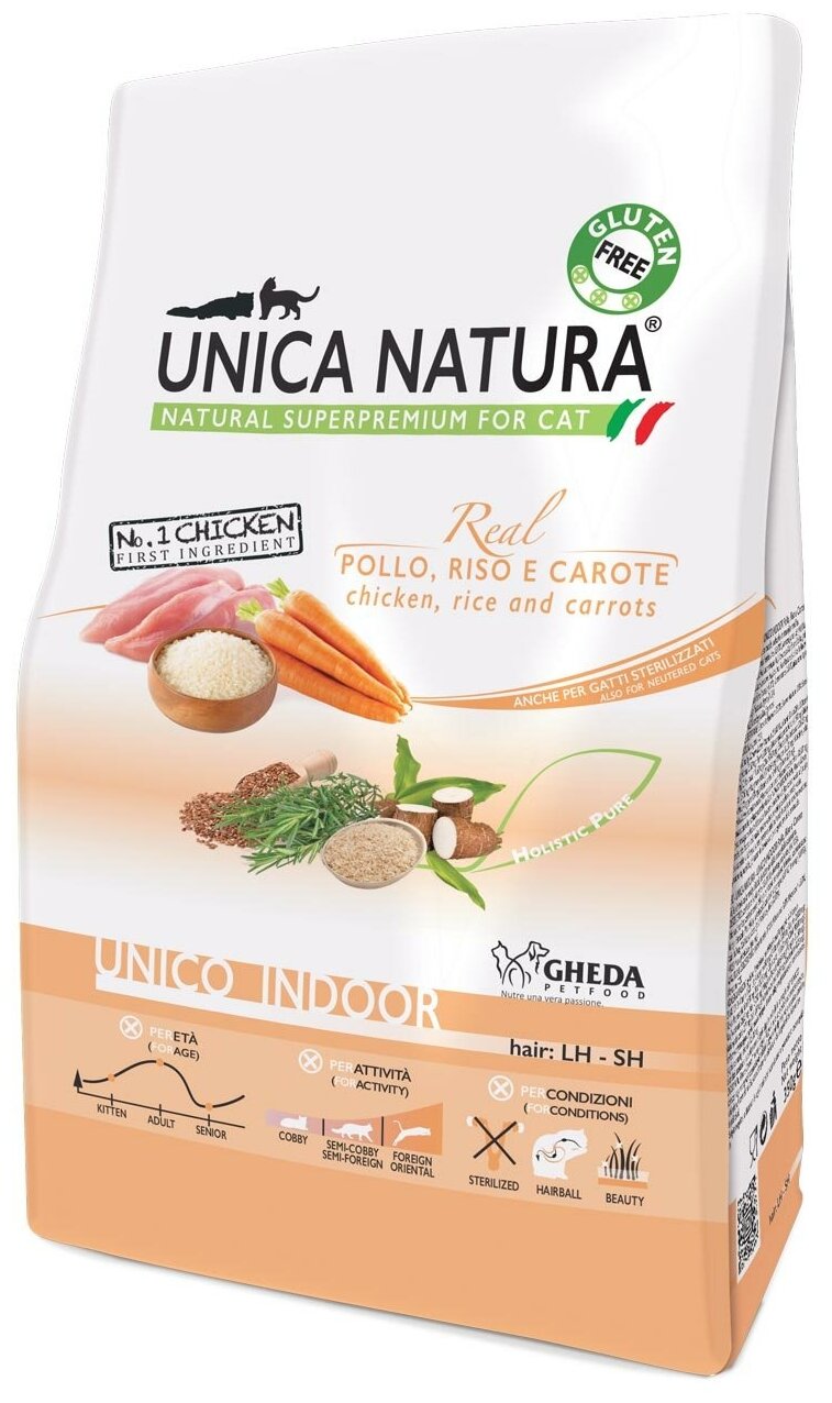 UNICA Indoor сухой корм для кошек с курицей, морковью и рисом, 1,5 кг - фотография № 1