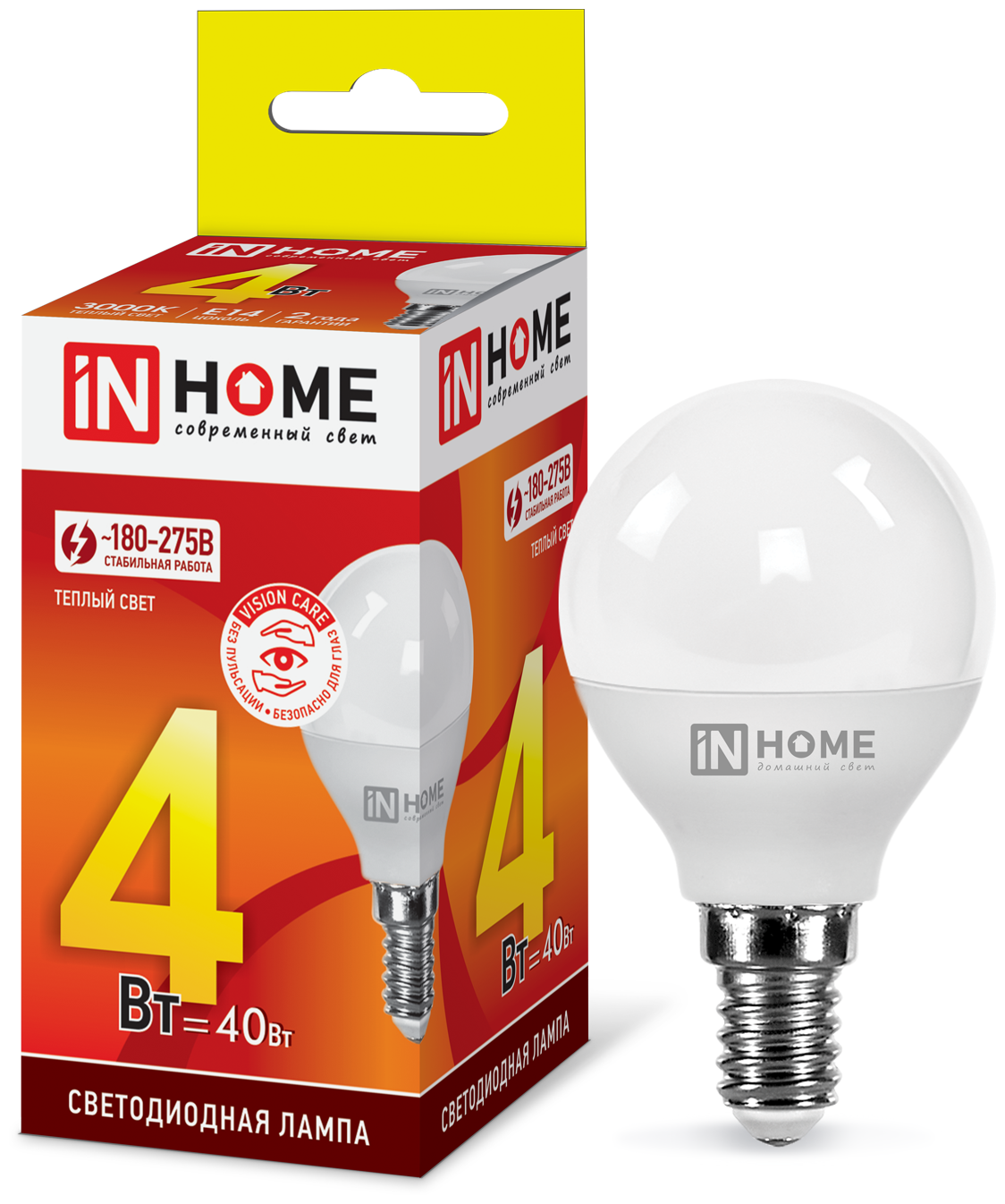 IN HOME Лампа светодиодная LED-ШАР-VC 4Вт 230В E14 3000К 360лм IN HOME 4690612030517