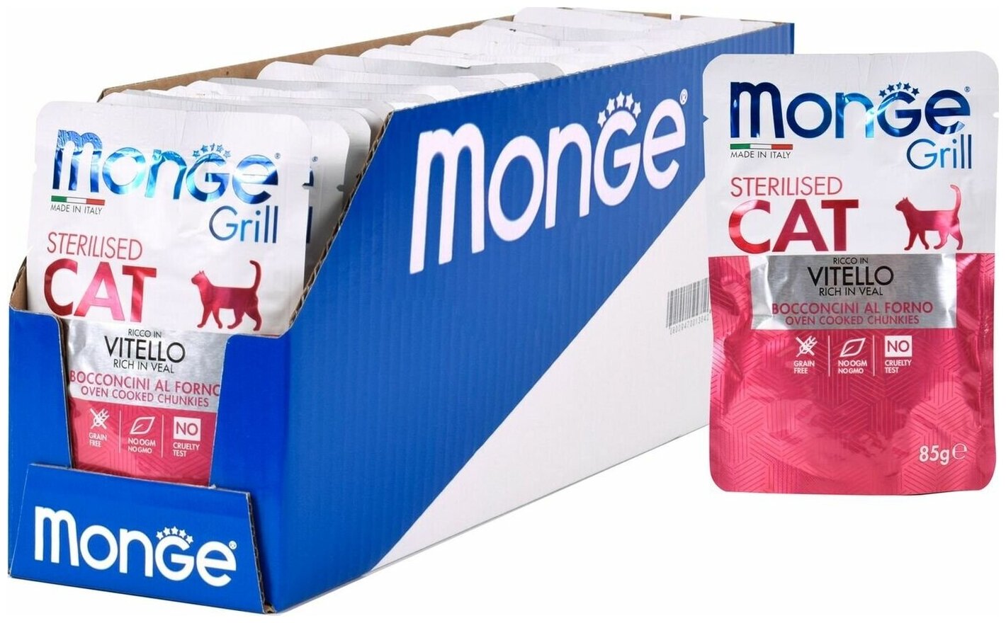 MONGE GRILL POUCH CAT STERILISED для взрослых кастрированных котов и стерилизованных кошек с телятиной (85 гр х 28 шт)