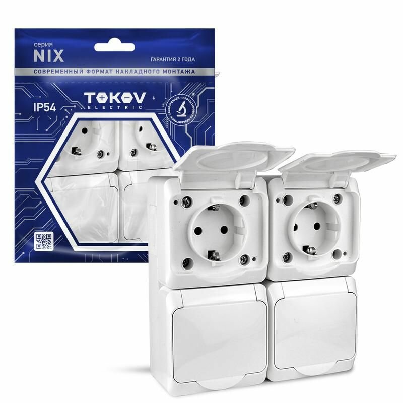 Розетка TOKOV ELECTRIC 4-м ОП Nix 16А IP54 250В с заземл. с крышкой бел - фото №1