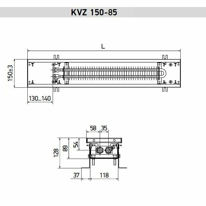 Внутрипольный конвектор Techno Power KVZ 150-85-1800/Б с естественной конвекцией, окантовка цвет бронза, без решетки