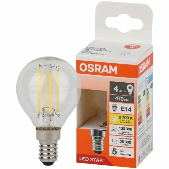 Светодиодная лампа Ledvance-osram Osram LED STAR CL P40 4W/827 220-240V FIL CL E14 470lm