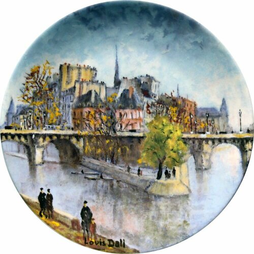 Сквер на острове Ситэ и новый мост, коллекционная декоративная винтажная тарелка из коллекции "12 достопримечательностей Парижа", Limoges
