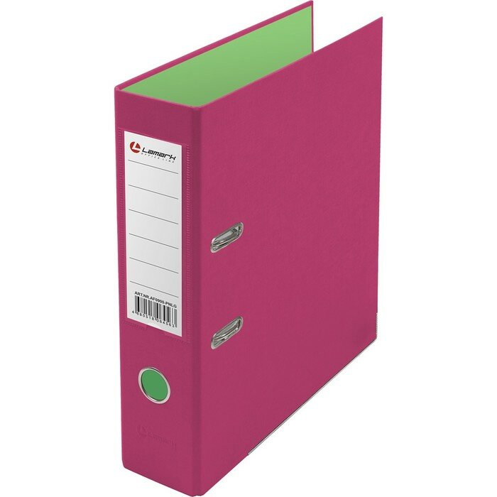 Lamark Папка-регистратор А4, 75 мм, Lamark, ПВХ, двухстороннее покрытие, металлическая окантовка, карман на корешок, собранная, розовый/зелёный