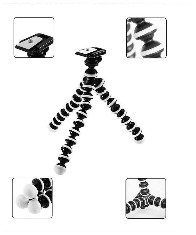 Штатив-паук ISA Octopus FLEX-26 гибкий / длина 26.5 см, возможность крепления на разных поверхностях, гибкая конструкция ножек, крепление 1/4", черно-белый